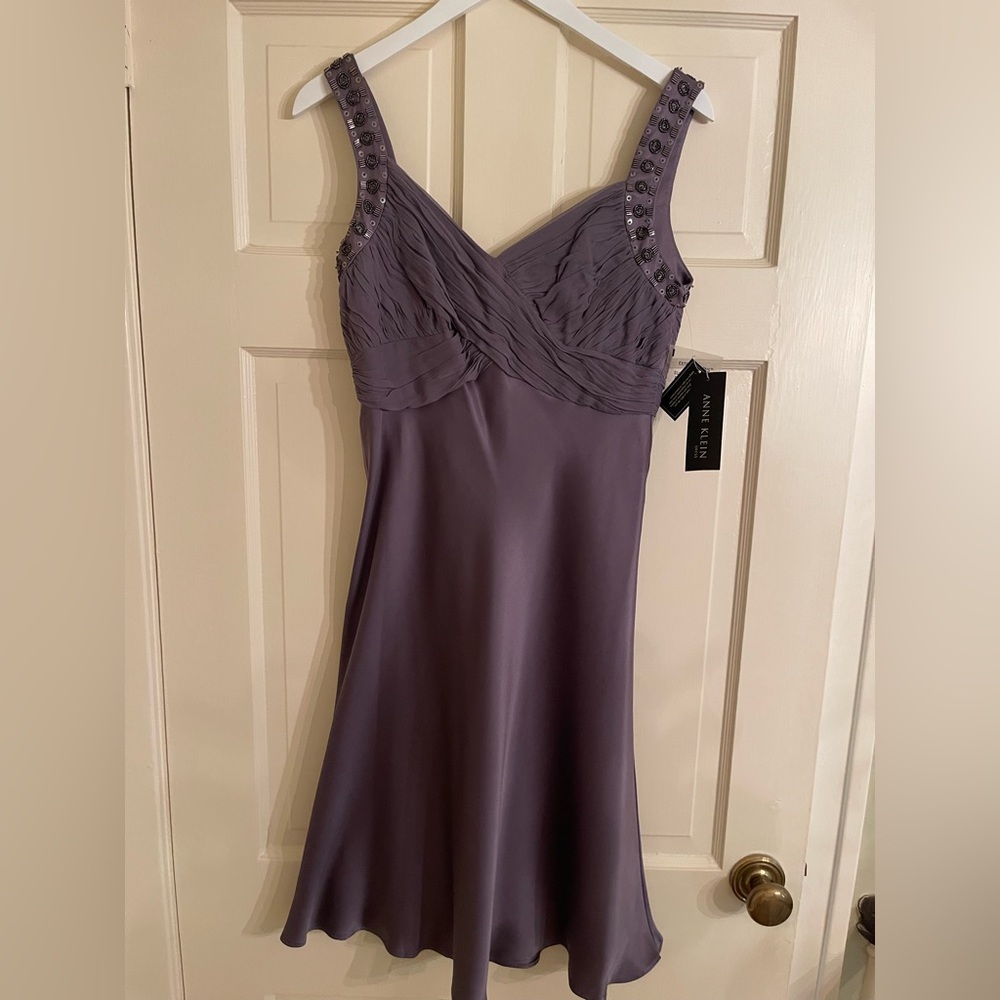 Anne Klein 100% Silk Purple Lilac Evening Dress, Beaded Detailing (NWT)